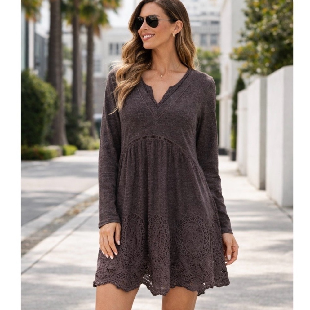 Monoreno Gray Crochet Lace Tunic Dress Size Medium Boho Festival Cottage